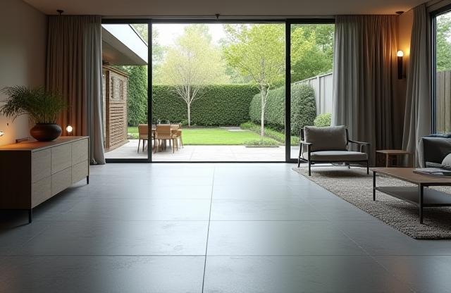 Interior of a modern living room with large grey floor tiles extending to an outdoor patio